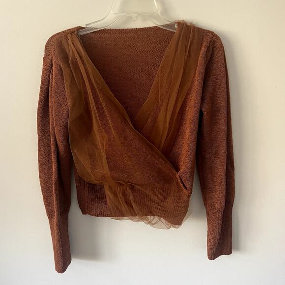 Chicwish Sweaters - Chicwish Mesh Overlay Crop Knit Top in Carmel Sz L/XL